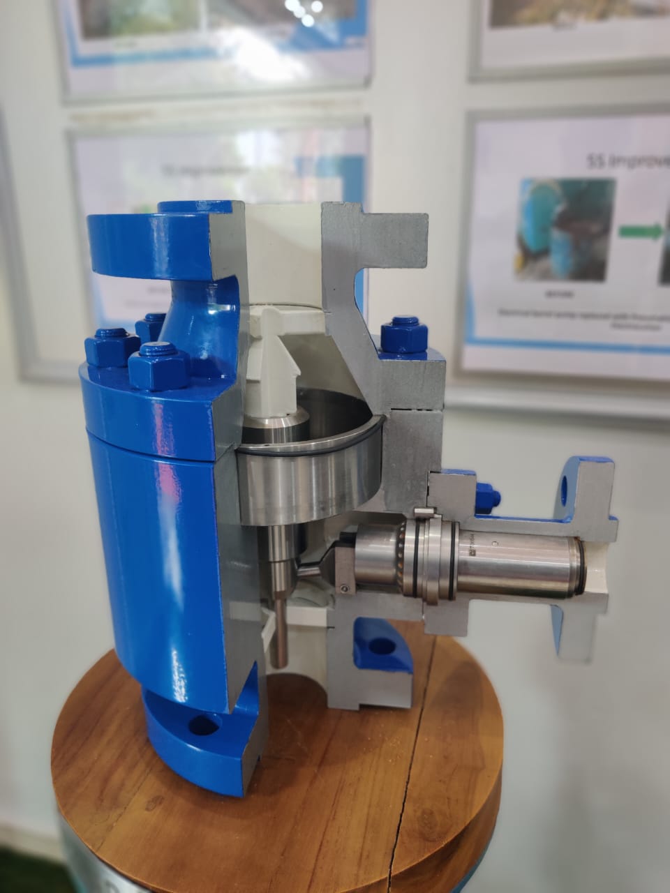 Blue cutaway valve model showing stem and seat area